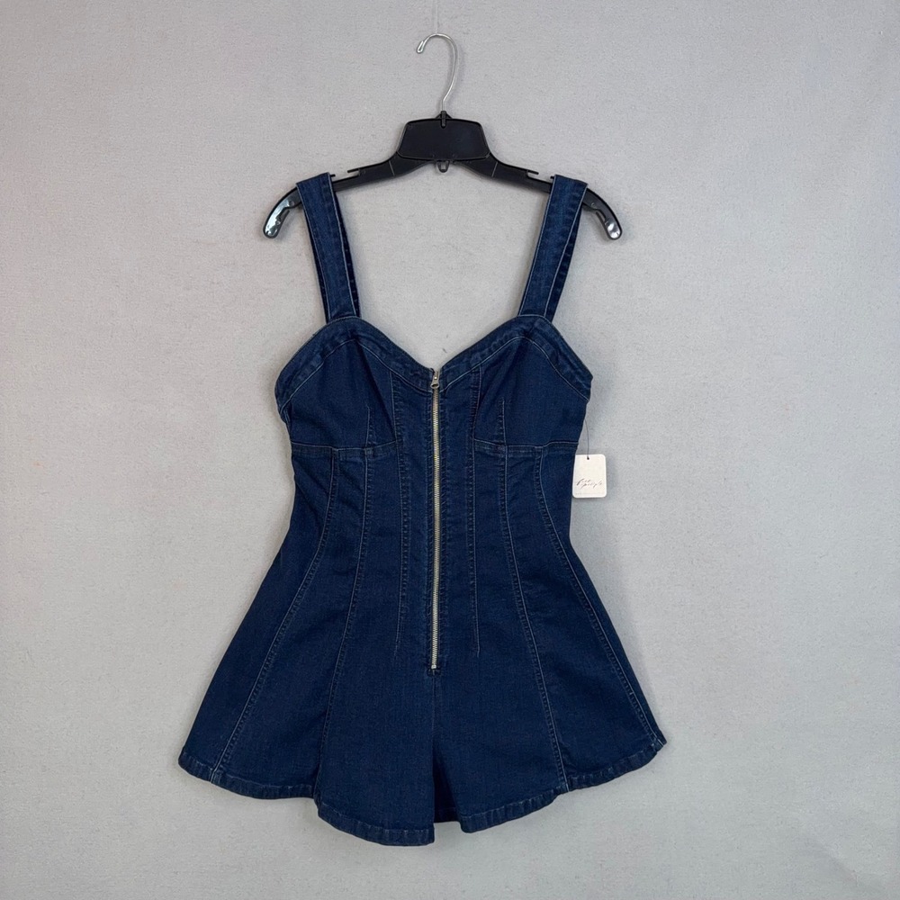 Free People Romper Womens 12 Indigo Denim Zip Front Fit & Flare Boho We The Free